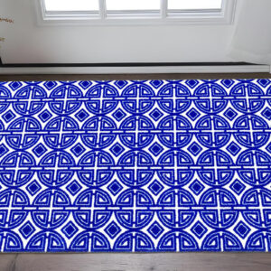 2' X 4' Cobalt Blue And White Geometric Washable Non Skid Area Rug