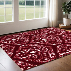 2' X 4' Red And White Ikat Tufted Washable Non Skid Area Rug
