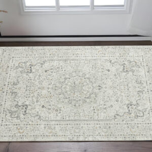 2' X 3' Ivory Gray And Taupe Floral Stain Resistant Area Rug