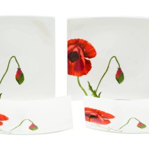 Red and White Six Piece Square Floral Bone China Service For Six Salad Plate Set