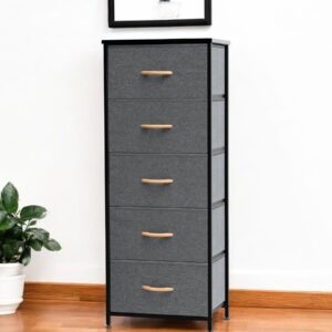 18" Gray And Black Steel And Fabric Five Drawer Dresser