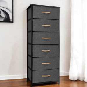 18" Gray And Black Steel And Fabric Six Drawer Dresser