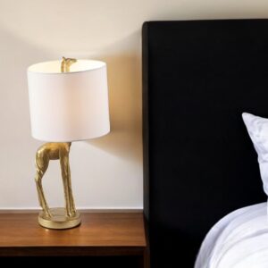 17" Gold Textured Giraffe Table Lamp With White Drum Shade