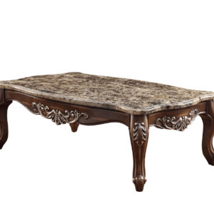 57" Brown and Oak Faux Marble And Wood Coffee Table