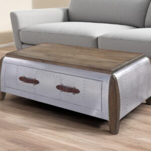 51" Brown and Gray Solid Wood And Aluminum Solid Coffee Table With Drawer