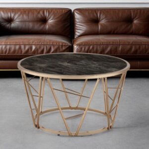 33" Black and Champagne Glass And Faux Marble And Metal Round Frame Coffee Table