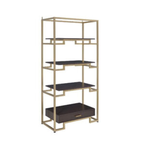 78" Gold and Black Metal Four Tier Etagere Bookcase with a Drawer