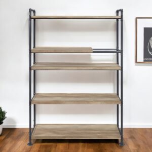 65" Natural And Black Metal and Wood Five Tier Etagere Bookcase
