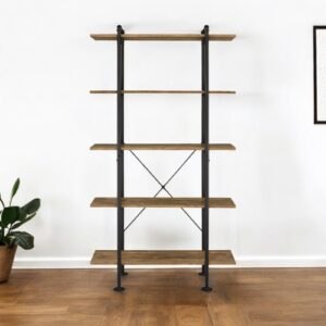73" Brown And Black Metal Five Tier Etagere Bookcase