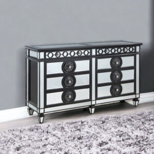 68" Black and Silver Solid and Manufactured Wood Mirrored Eight Drawer Double Dresser