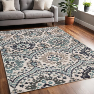 5' X 8' Ivory Blue And Gray Floral Stain Resistant Area Rug