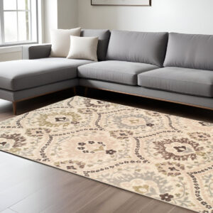 6' X 9' Ivory Gray And Olive Floral Stain Resistant Area Rug