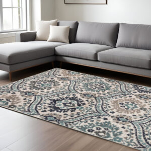 7' X 9' Ivory Blue And Gray Floral Stain Resistant Area Rug