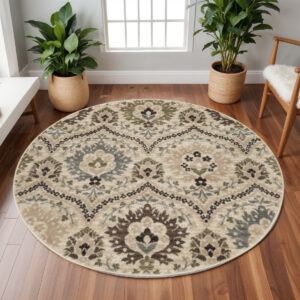 8' Gray And Ivory Floral Round Rug