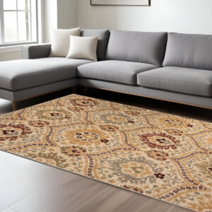 8' X 10' Camel Gray And Rust Floral Stain Resistant Area Rug