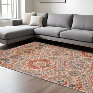 8' X 10' Ivory Orange And Gray Floral Stain Resistant Area Rug