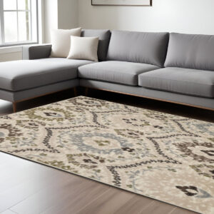 8' Gray And Ivory Floral Square Rug
