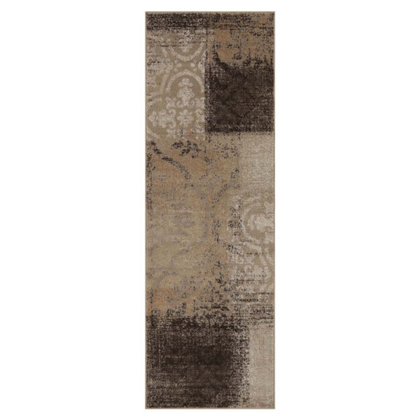 10' Beige Gray And Black Damask Distressed Stain Resistant Runner Rug - Image 2