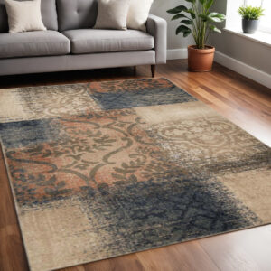 5' X 8' Navy And Salmon Damask Distressed Stain Resistant Area Rug