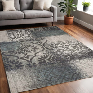 5' X 8' Teal And Gray Damask Distressed Stain Resistant Area Rug