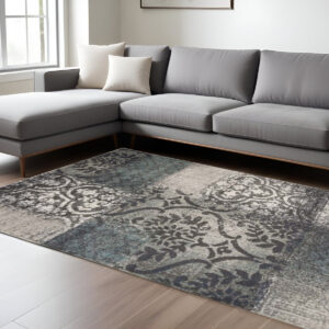 8' X 10' Teal And Gray Damask Distressed Stain Resistant Area Rug