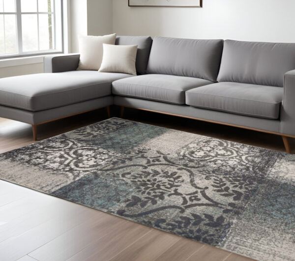 8' X 10' Teal And Gray Damask Distressed Stain Resistant Area Rug