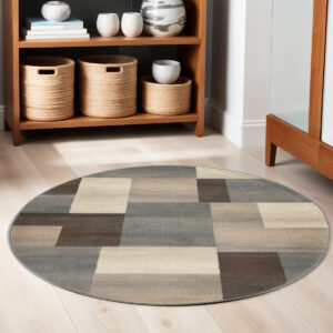 5' Blue Brown And Gray Patchwork Round Rug