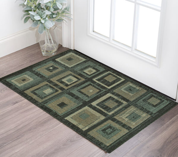 2' X 3' Color Block Beige And Teal Checkered Stain Resistant Area Rug