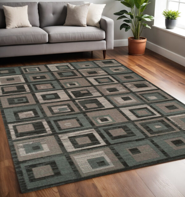 5' X 8' Color Block Beige And Teal Checkered Stain Resistant Area Rug
