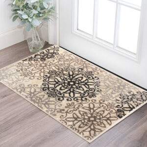 2' X 3' Tan Gray And Black Floral Medallion Stain Resistant Area Rug