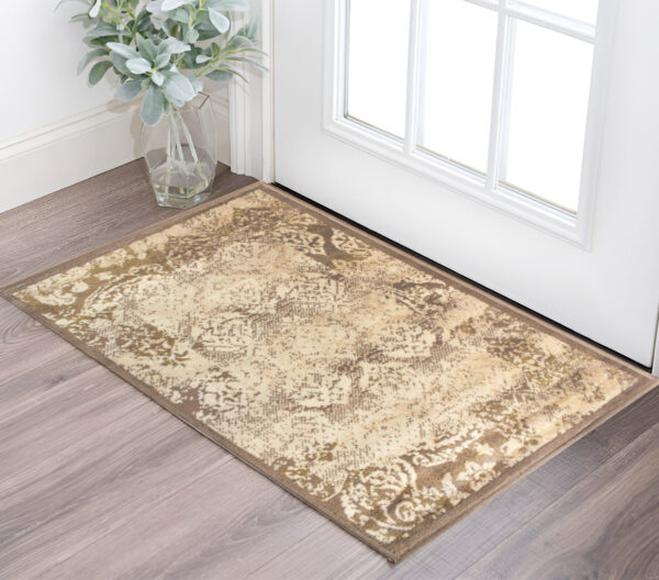 2' X 3' Brown Damask Power Loom Distressed Stain Resistant Area Rug