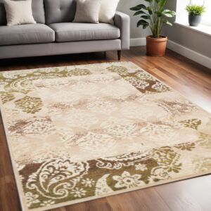 5' X 8' Brown Damask Power Loom Distressed Stain Resistant Area Rug