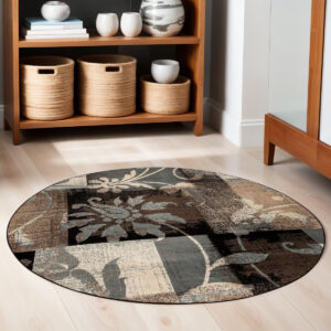 5' Beige Black And Brown Floral Distressed Round Rug