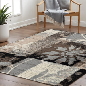 5' Beige And Black Floral Distressed Square Rug