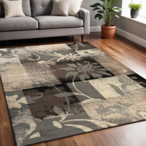 5' X 8' Beige And Gray Floral Power Loom Distressed Stain Resistant Area Rug