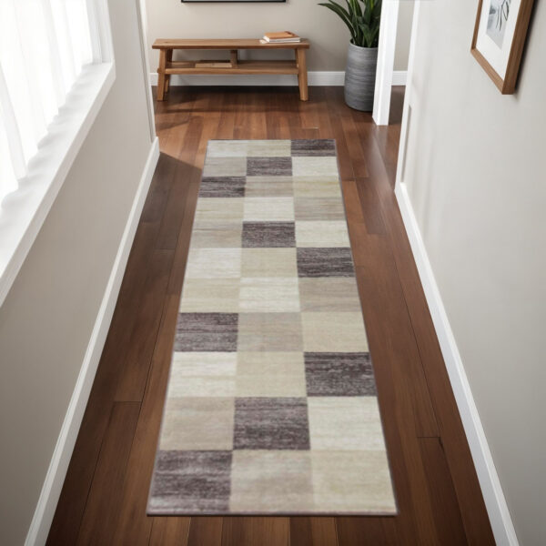 8' Beige Geometric Power Loom Stain Resistant Runner Rug