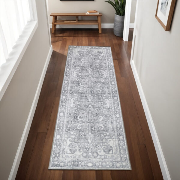 8' Charcoal Medallion Power Loom Stain Resistant Runner Rug