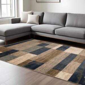 7' X 9' Midnight Navy Patchwork Power Loom Stain Resistant Area Rug