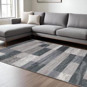 8' X 10' Blue And Taupe Patchwork Power Loom Stain Resistant Area Rug