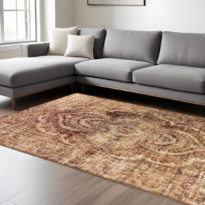 6' X 9' Maroon And Gold Abstract Power Loom Distressed Stain Resistant Area Rug