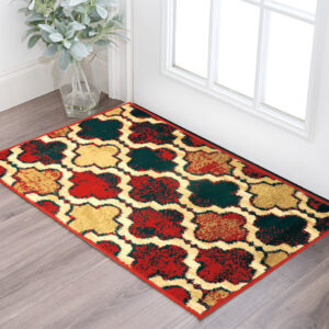 2' X 3' Red Blue Quatrefoil Power Loom Distressed Stain Resistant Area Rug