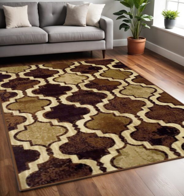 5' X 8' Coffee Quatrefoil Power Loom Distressed Stain Resistant Area Rug