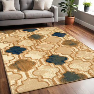 5' X 8' Cream Quatrefoil Power Loom Distressed Stain Resistant Area Rug
