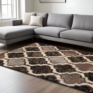 6' X 9' Chocolate Quatrefoil Power Loom Distressed Stain Resistant Area Rug