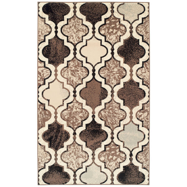 7' X 9' Ivory Quatrefoil Power Loom Distressed Stain Resistant Area Rug - Image 2
