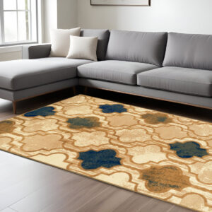 8' X 10' Cream Quatrefoil Power Loom Distressed Stain Resistant Area Rug