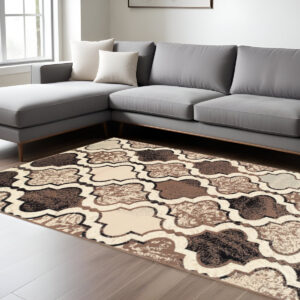 8' X 10' Ivory Quatrefoil Power Loom Distressed Stain Resistant Area Rug