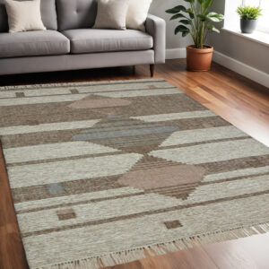 5' X 8' Gray Geometric Flatweave Handmade Area Rug With Fringe