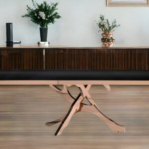 87" Black And Gold Glass And Stainless Steel Pedestal Base Dining Table