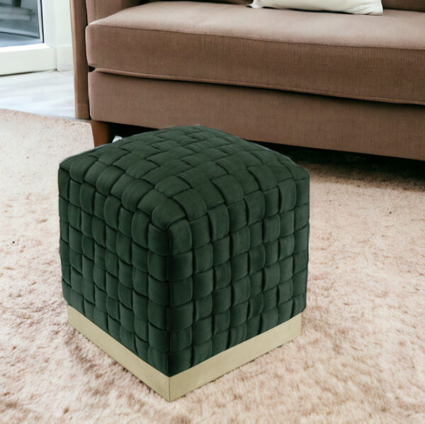 17" Hunter Green Velvet And Gold Ottoman